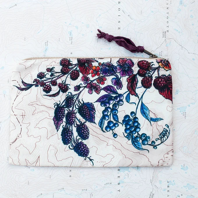 final switchback eco-friendly recycled zip pouch featuring artist Katie Jeanne Reim&#39;s Wildberry print