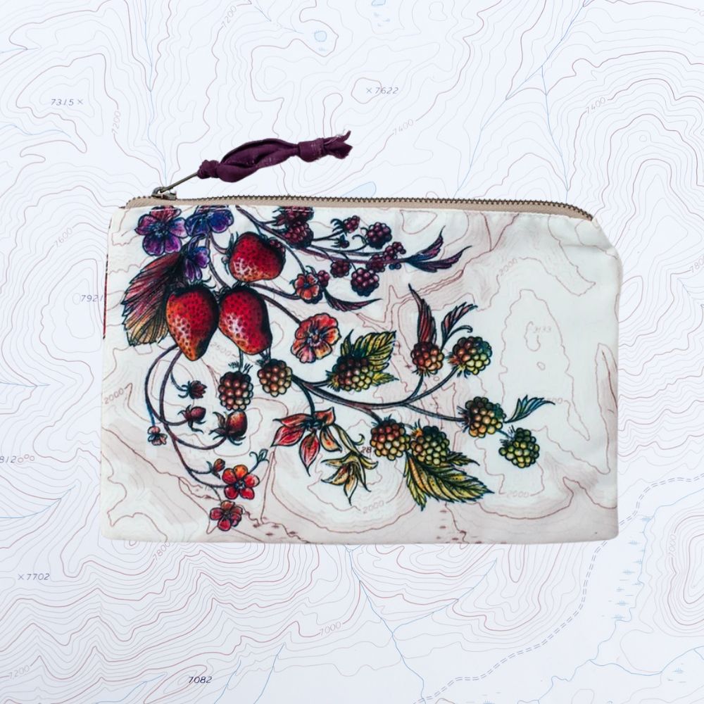 a final switchback eco-friendly recycled zip pouch featuring Katie Jeanne Reim's wildberry print