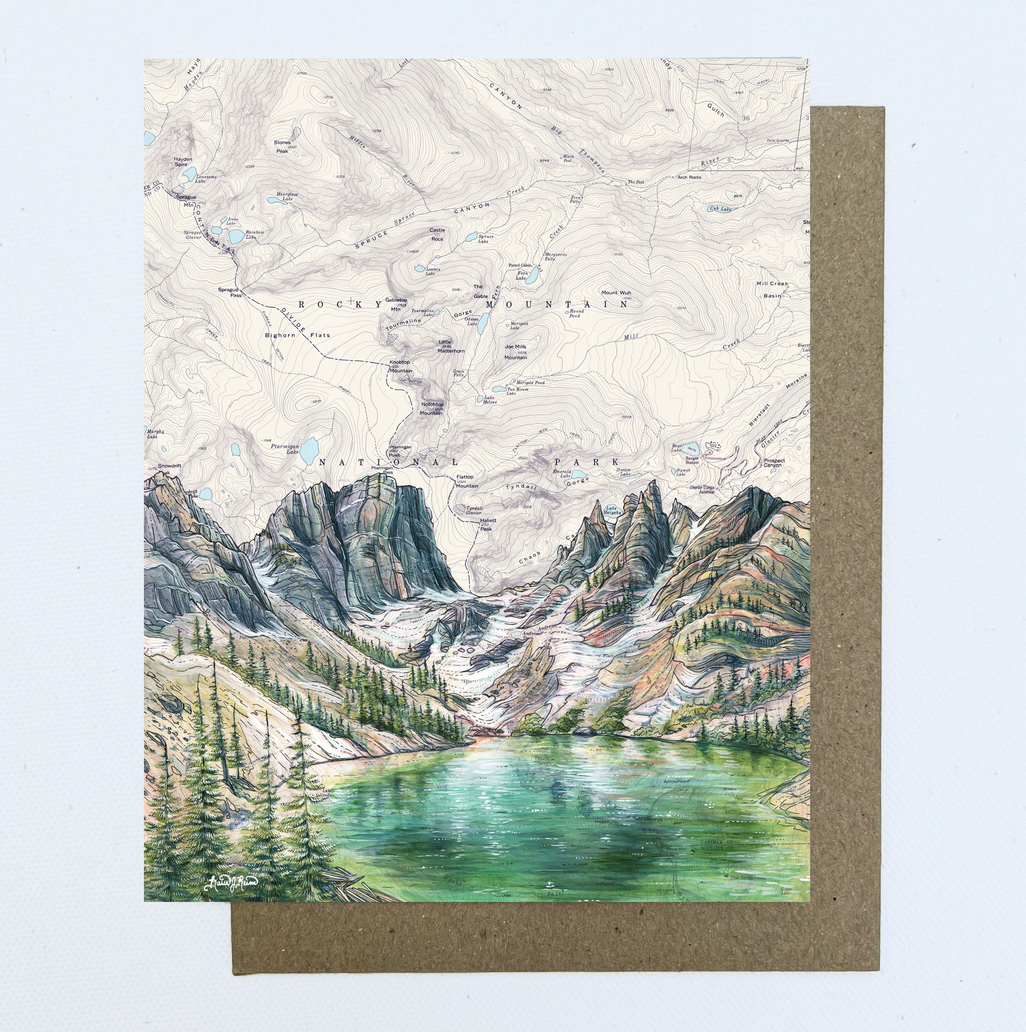 a final switchback greeting card featuring artist Katie Jeanne Reim's Emerald Lake, Colorado, print