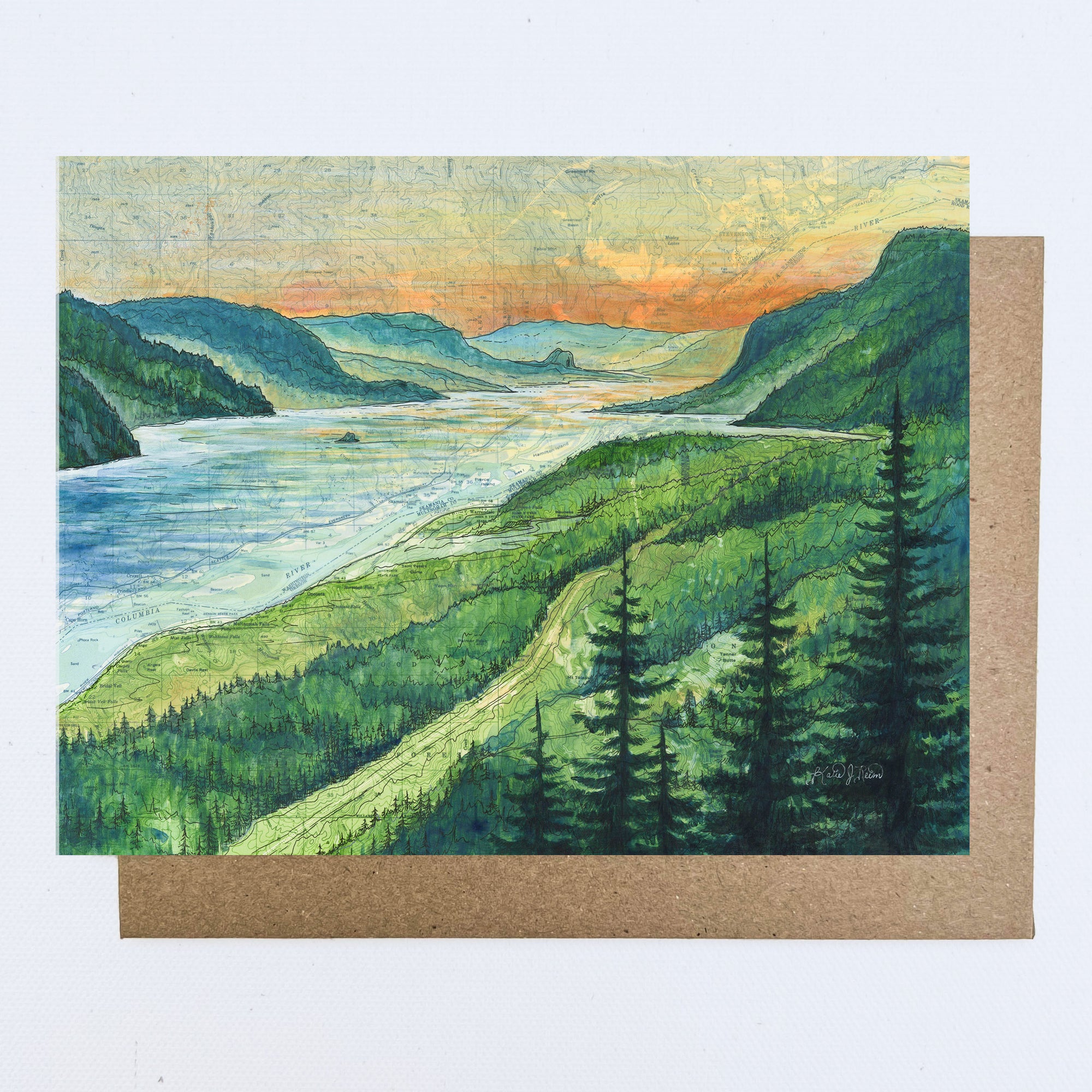 a final switchback greeting card featuring artist Katie Jeanne Reim's Gorge Sunrise, Oregon, print