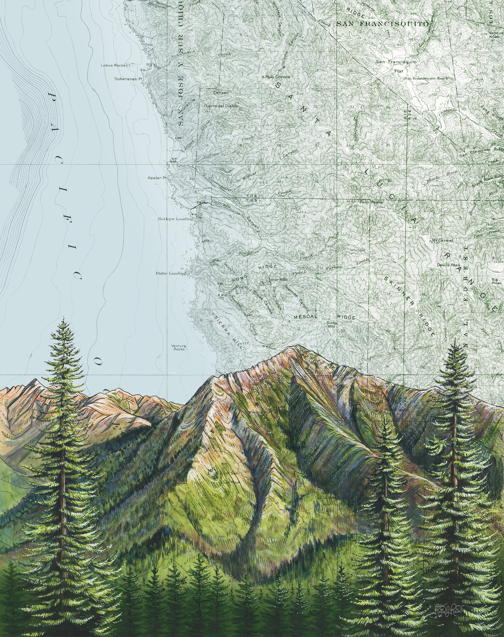final switchback print of Santa Lucia by artist Katie Jeanne Reim