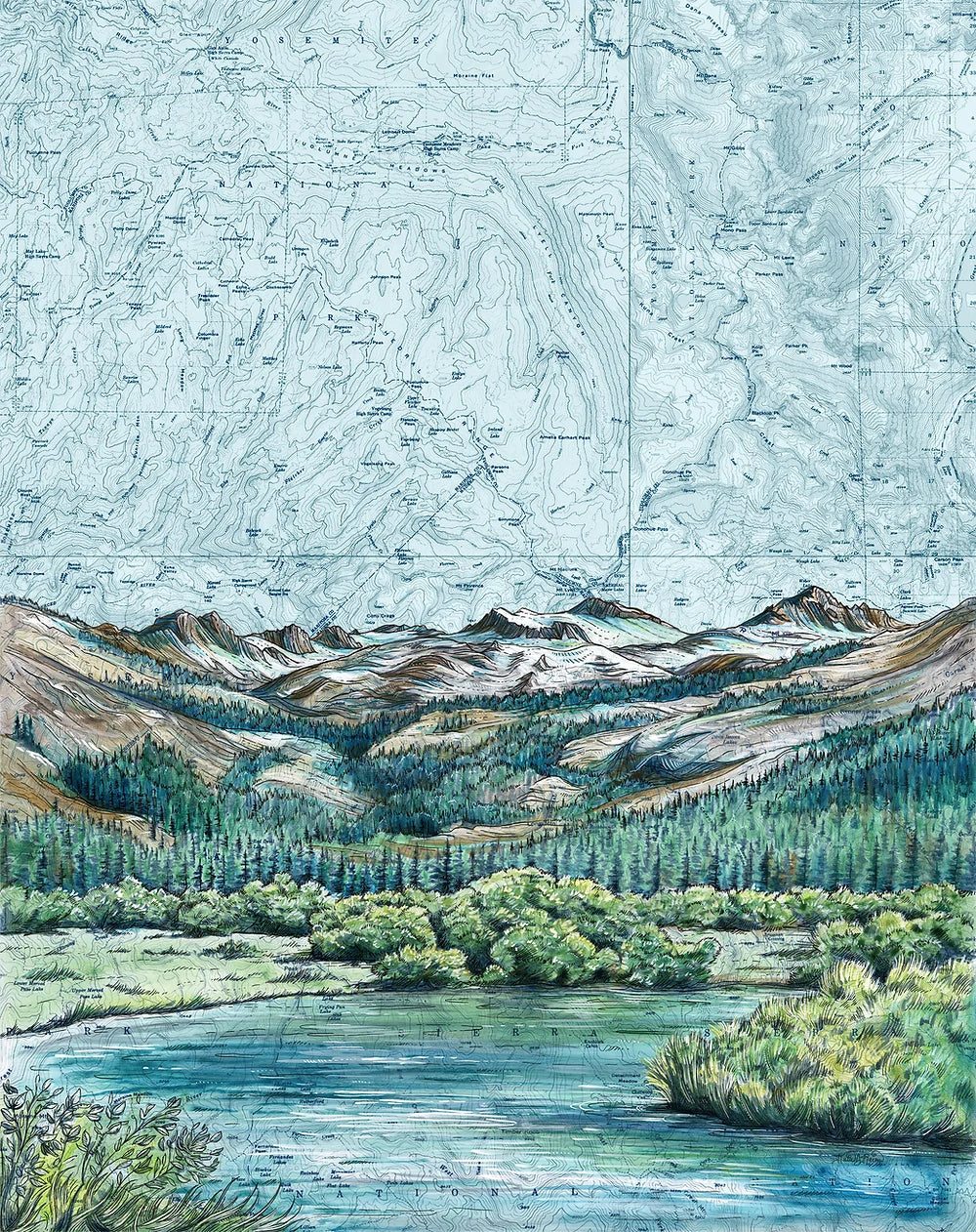 final switchback nature-inspired print of Lyell Canyon Yosemite National Park, California, by artist Katie Jeanne Reim