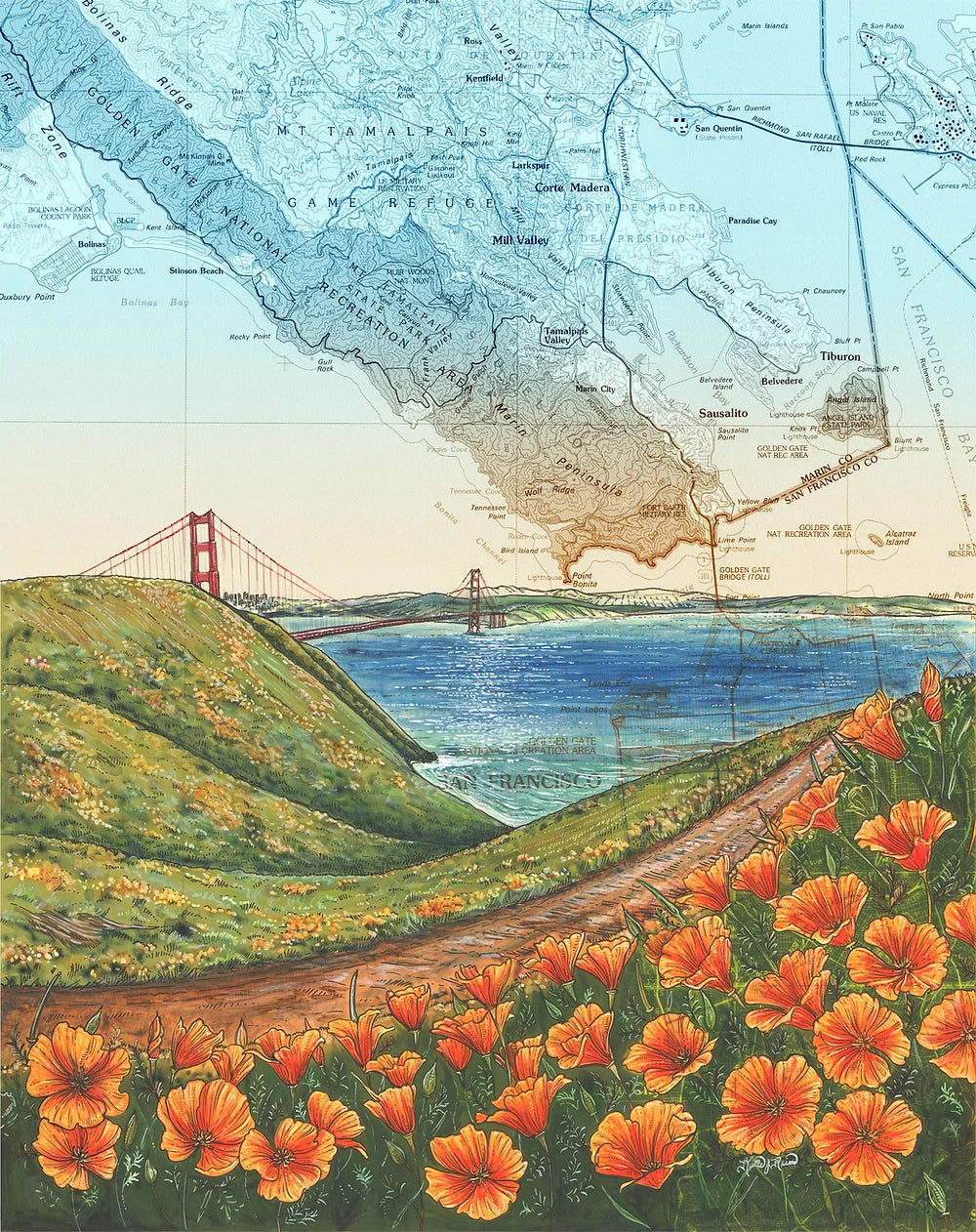 final switchback nature-inspired print of Marin Headlands Golden Gate Bridge, California, by artist Katie Jeanne Reim
