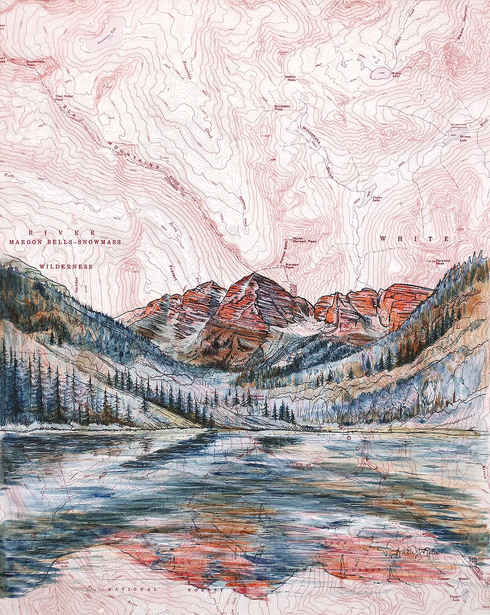 final switchback print of Maroon Bells, Colorado, by artist Katie Jeanne Reim