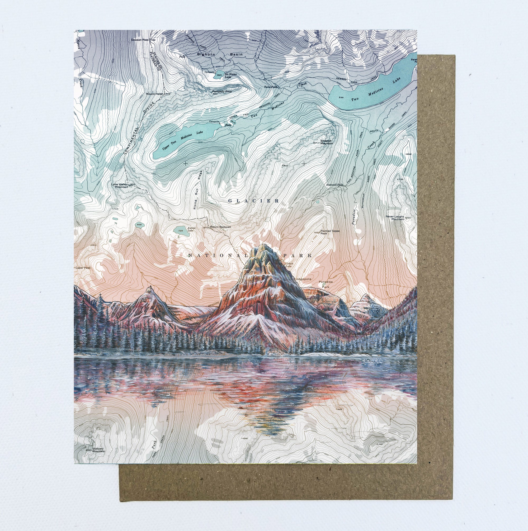 final switchback greeting card featuring Katie Jeanne Reim's Mount Glacier two medicine lake print