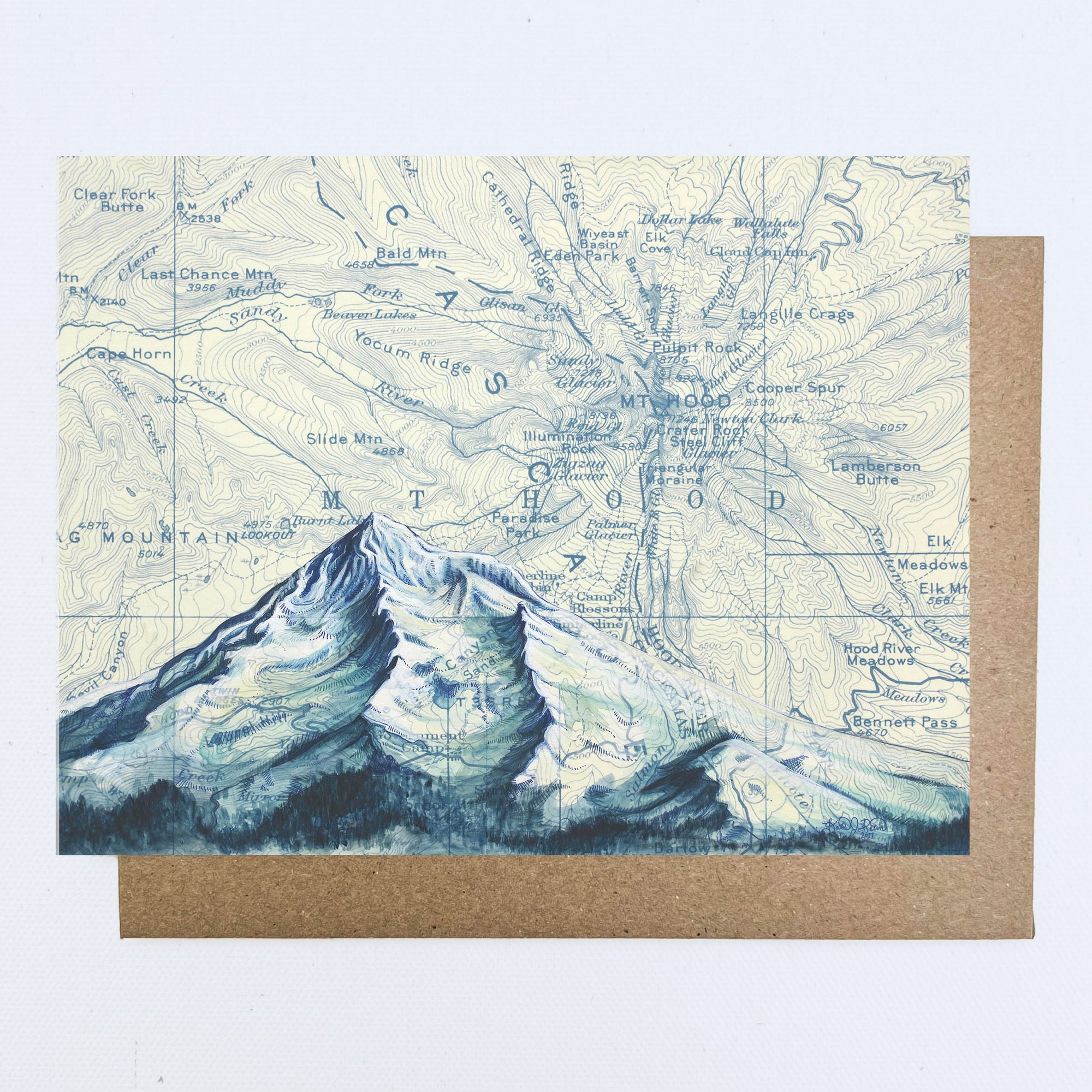 a final switchback greeting card featuring artist Katie Jeanne Reim's Mount Hood Blue, Oregon, print