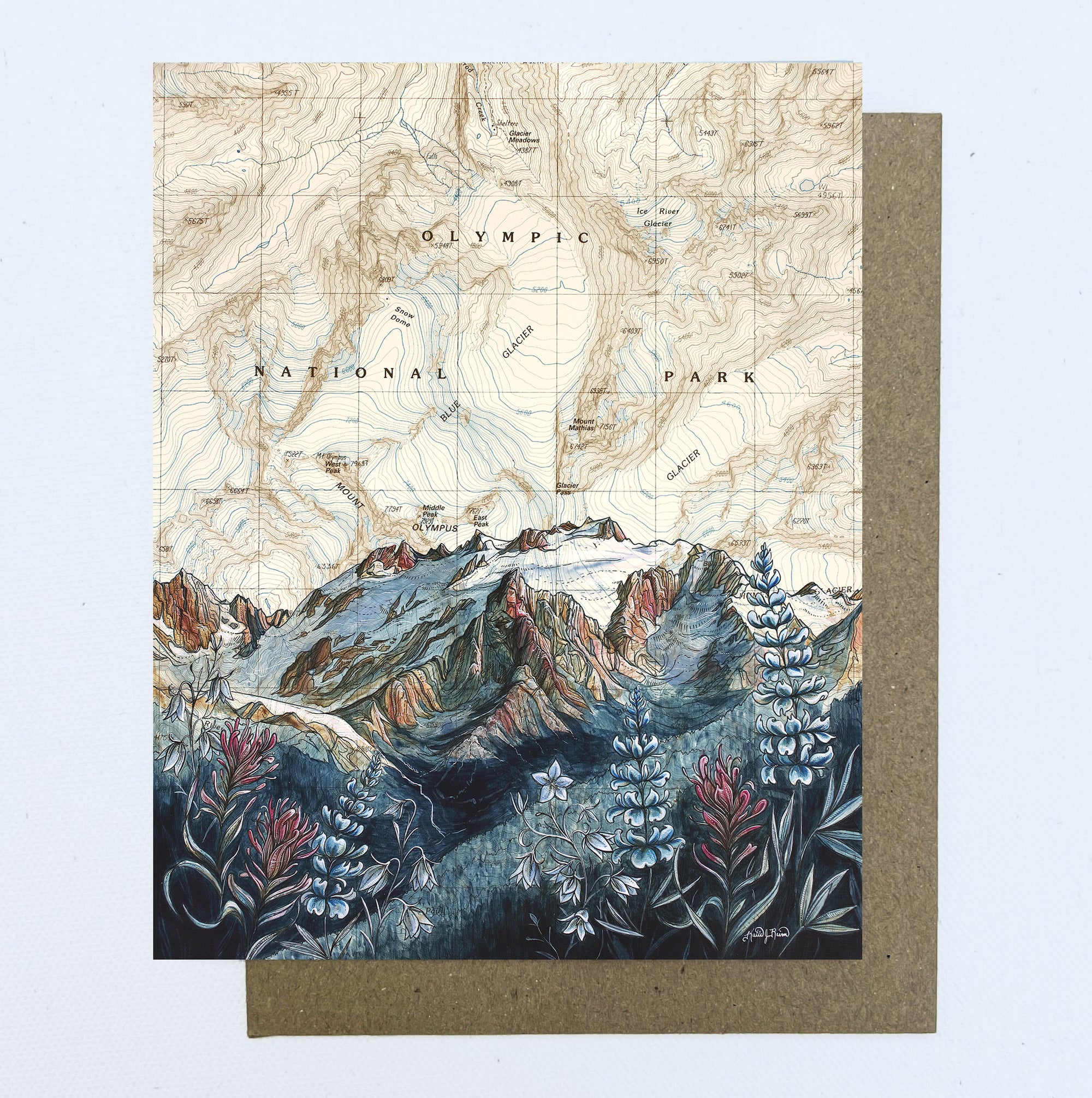 a final switchback greeting card featuring artist Katie Jeanne Reim's Mount Olympus, Washington, print