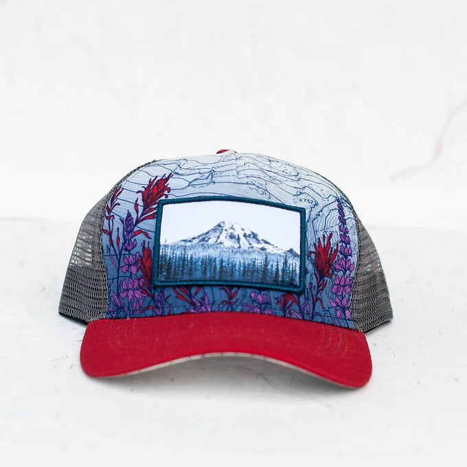 final switchback trucker hat featuring artist Katie Jeanne Reim&#39;s Mount Rainier Meadow print