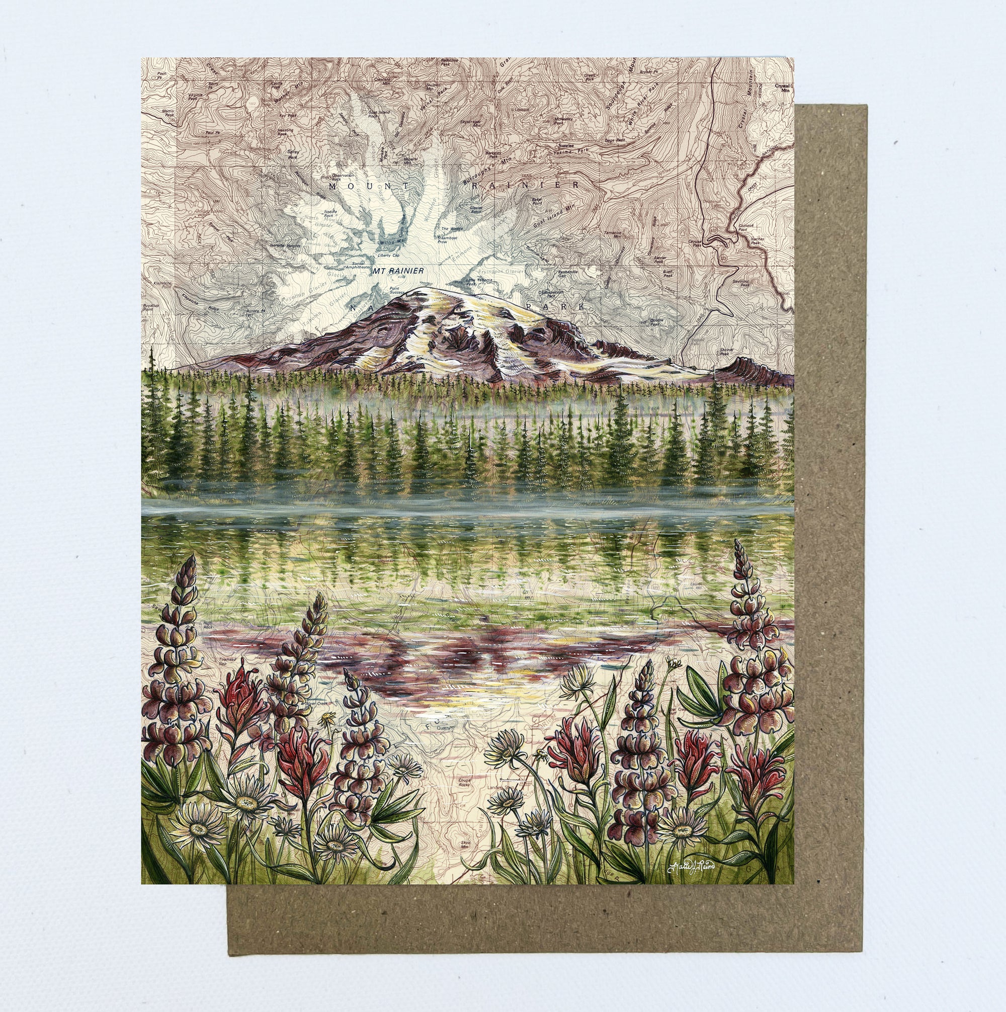 a final switchback greeting card featuring artist Katie Jeanne Reim's Mount Rainier Reflect, Washington, print
