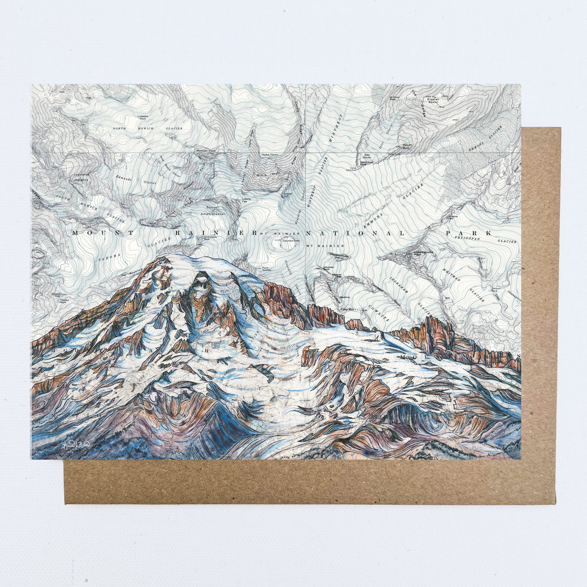 a final switchback greeting card featuring artist Katie Jeanne Reim's Mount Rainier Summit, Washington, print