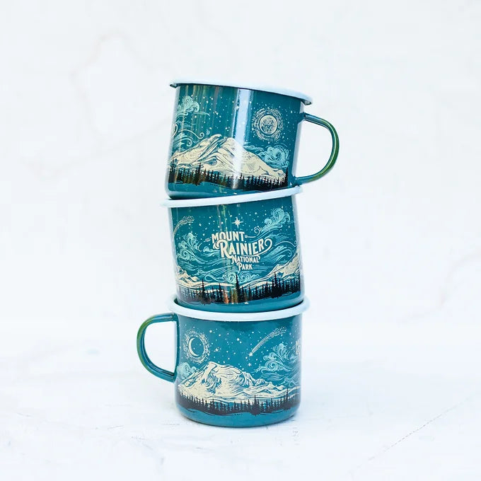 Three stacked final switchback fireproof enamel mugs featuring artist Katie Jeanne Reim's Mount Rainier Night print