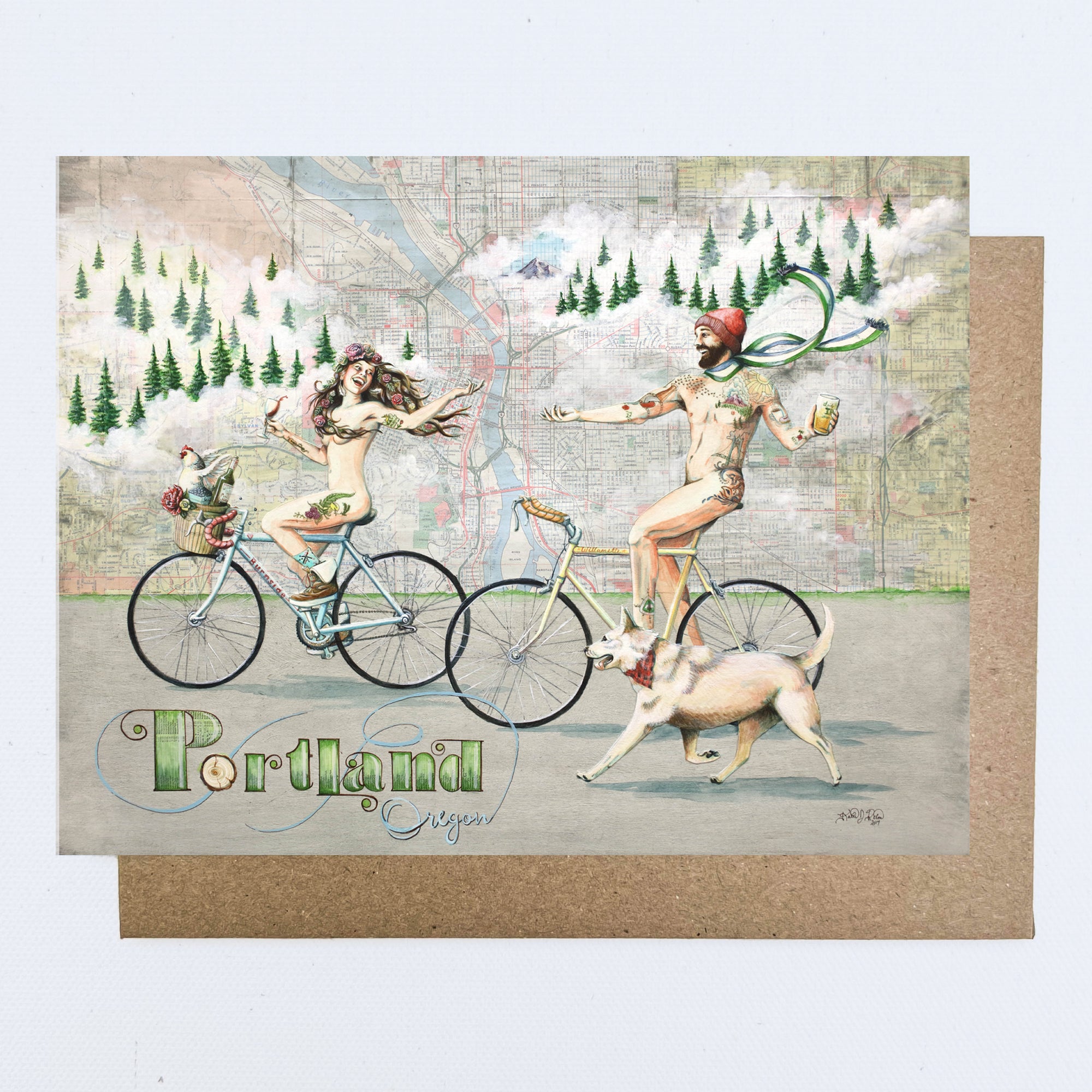 a final switchback greeting card featuring artist Katie Jeanne Reim's Naked Bikers, Oregon, print