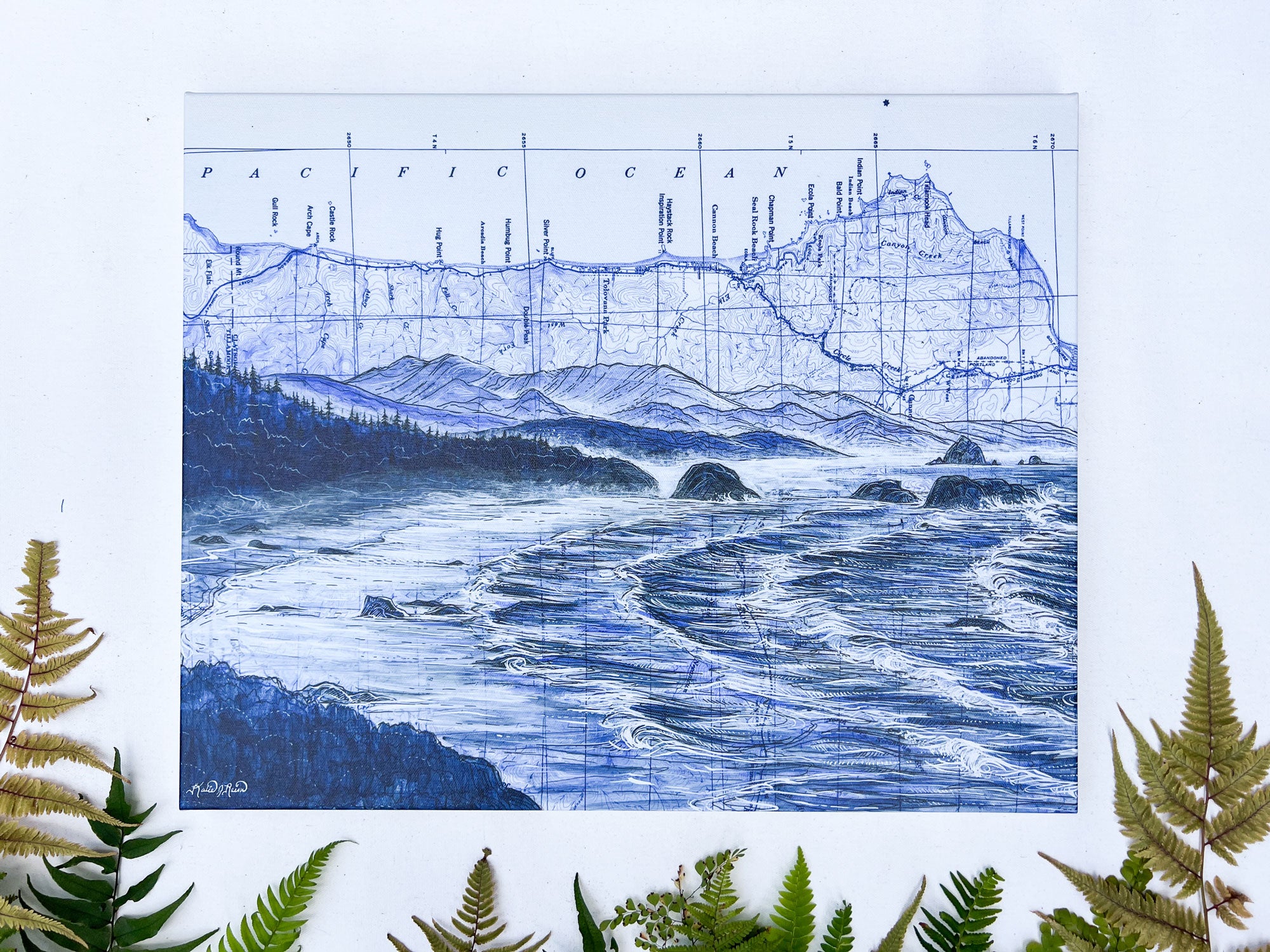 final switchback by artist Katie Jeanne Ream print on a white wall with foliage