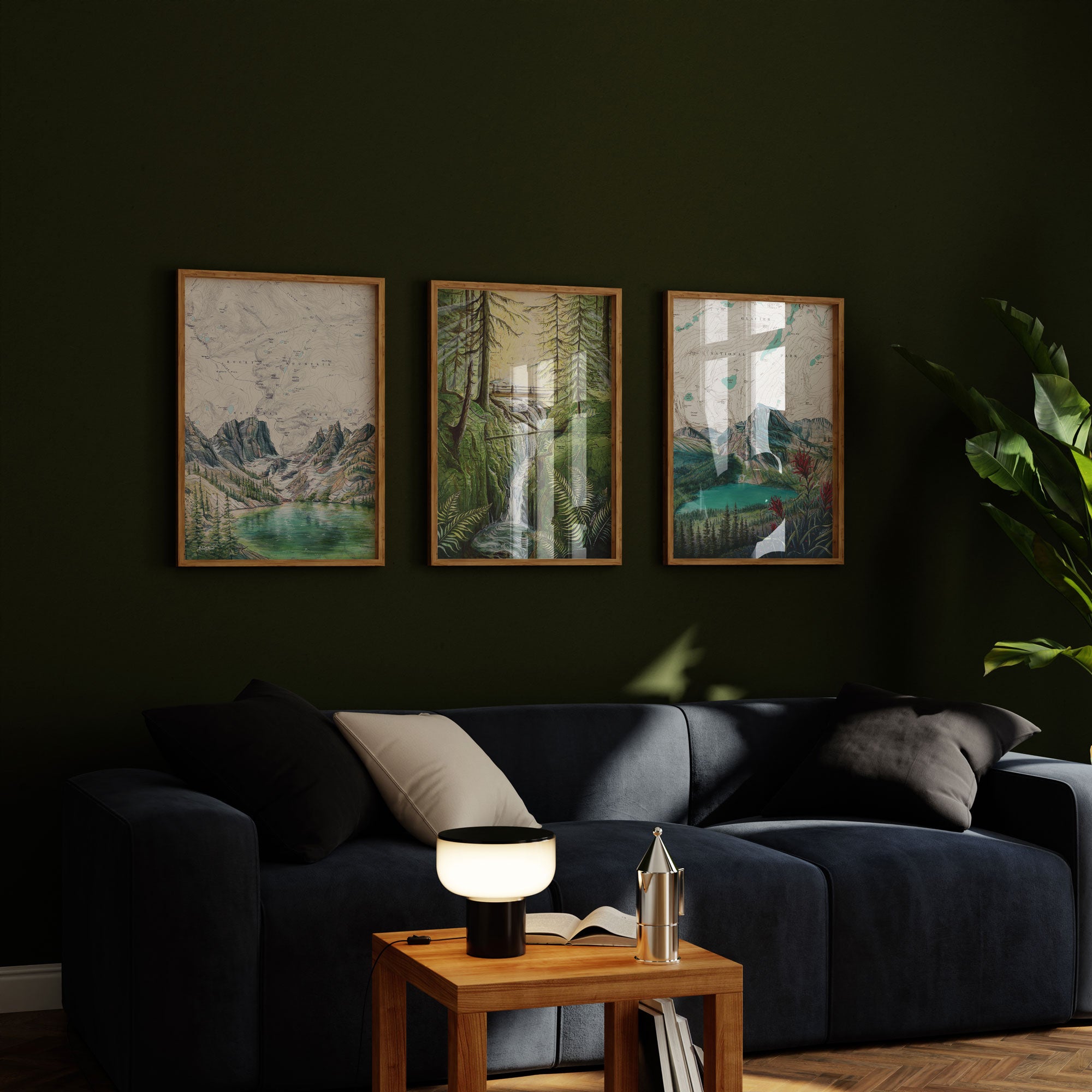 frames with final switchback by artist Katie Jeanne Ream prints on a green wall in a living room