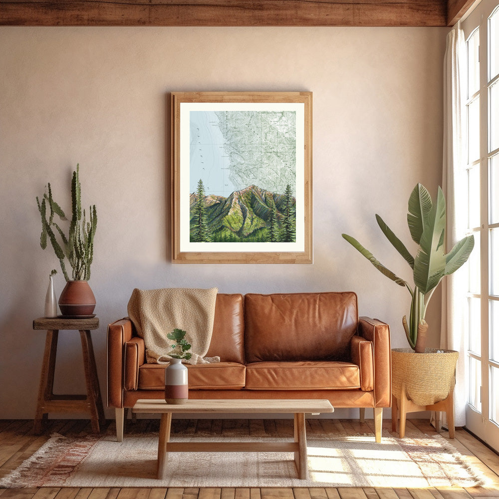 A large frame with a final switchback by artist Katie Jeanne Ream print on the wall in an earthy office