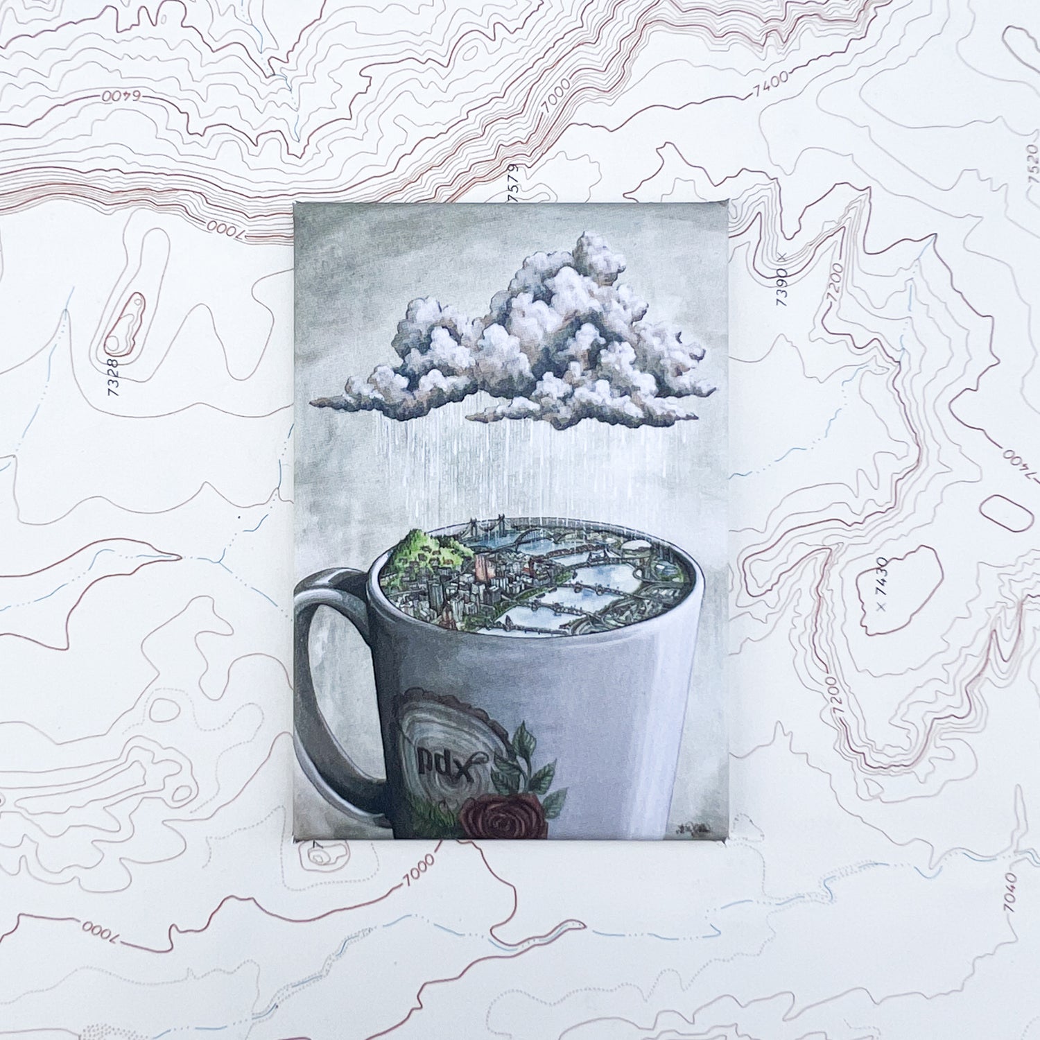 a final switchback button magnet featuring Katie Jeanne Reim's coffee city print