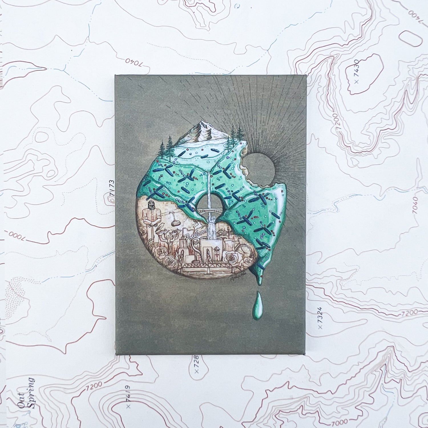 a final switchback button magnet featuring Katie Jeanne Reim's pdx donut print