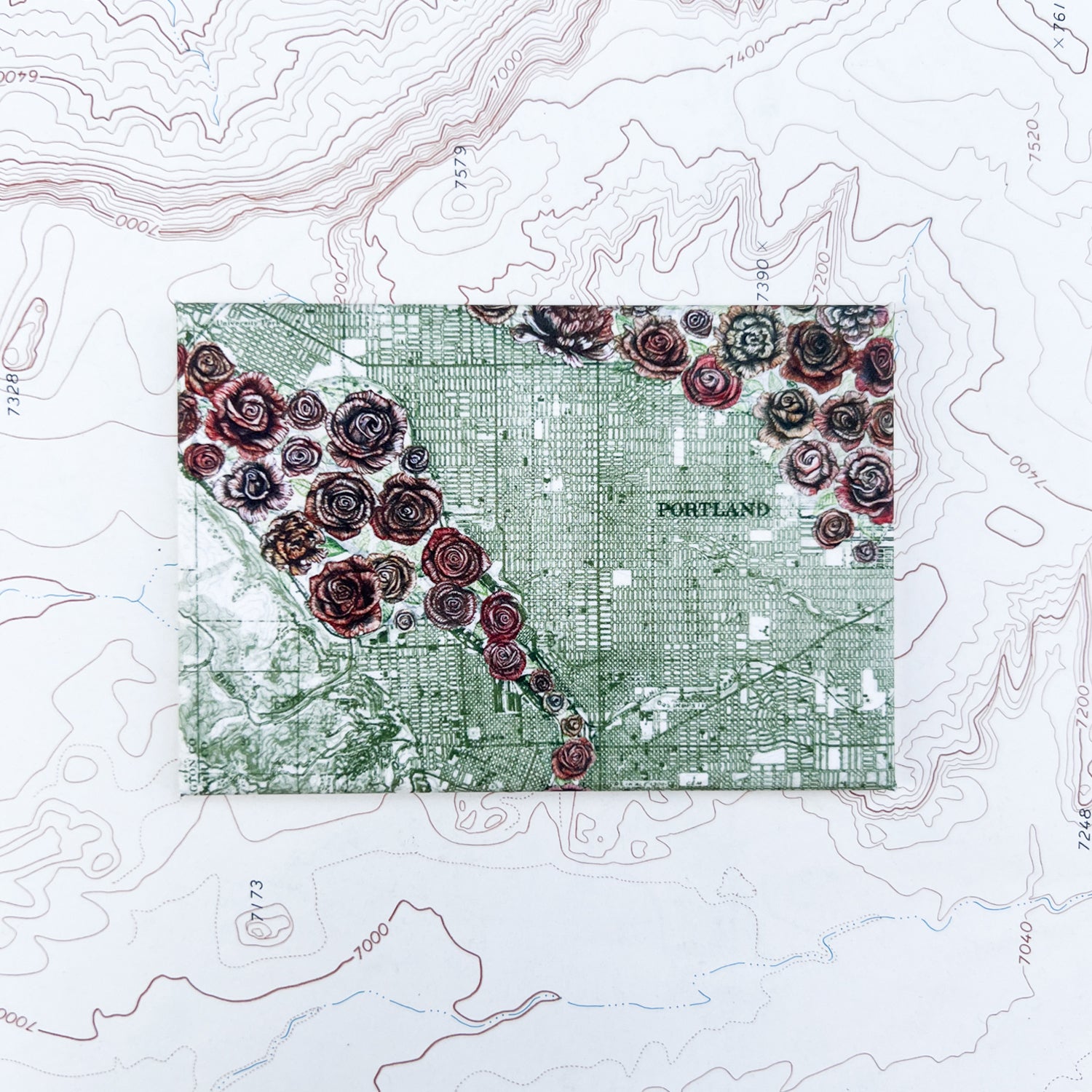 a final switchback button magnet featuring Katie Jeanne Reim's rose city print