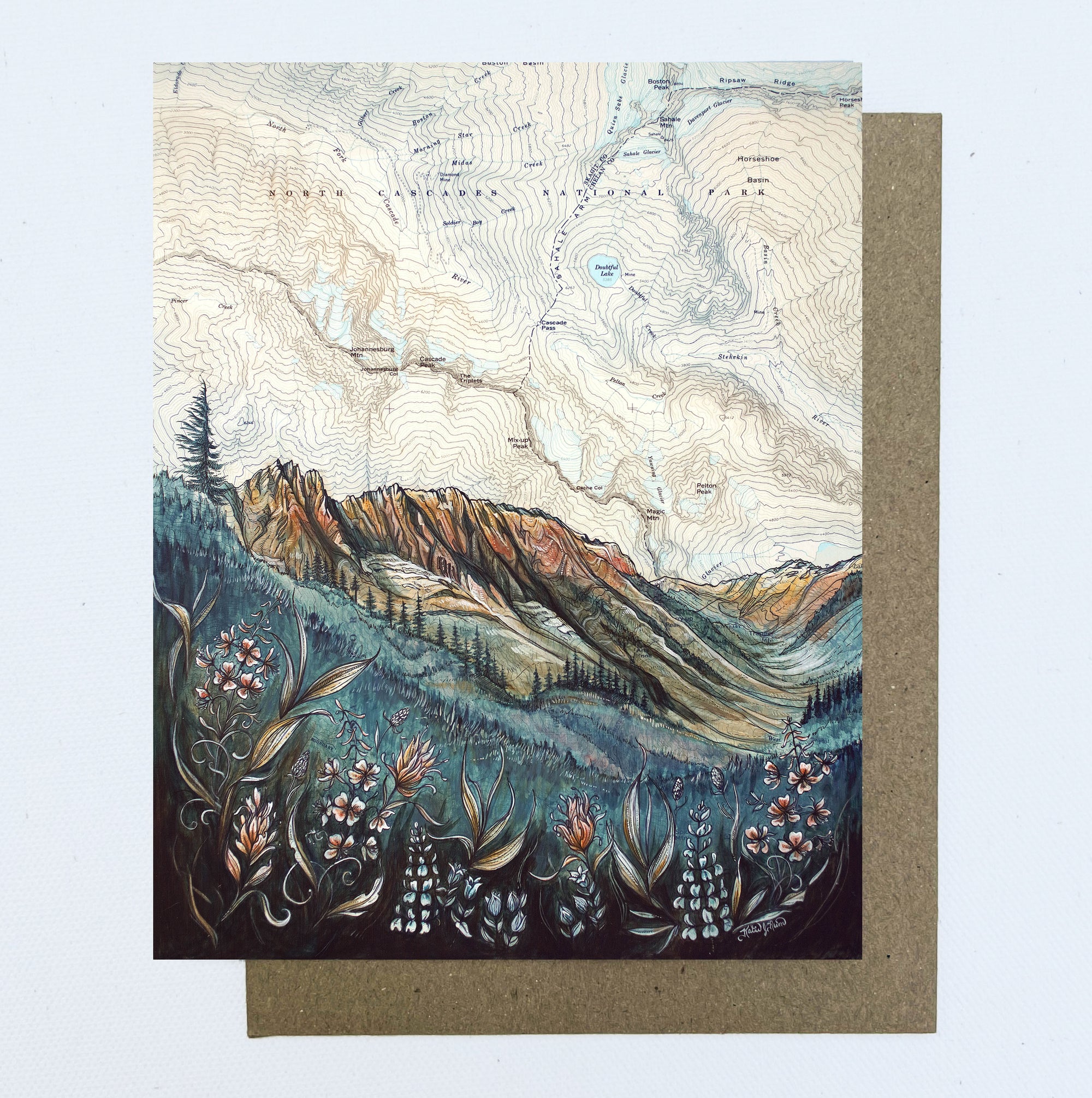 a final switchback greeting card featuring artist Katie Jeanne Reim's North Cascades, Cascade Pass, Washington, print