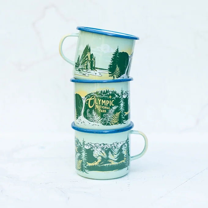 Three stacked final switchback fireproof enamel mugs featuring artist Katie Jeanne Reim's Olympics print