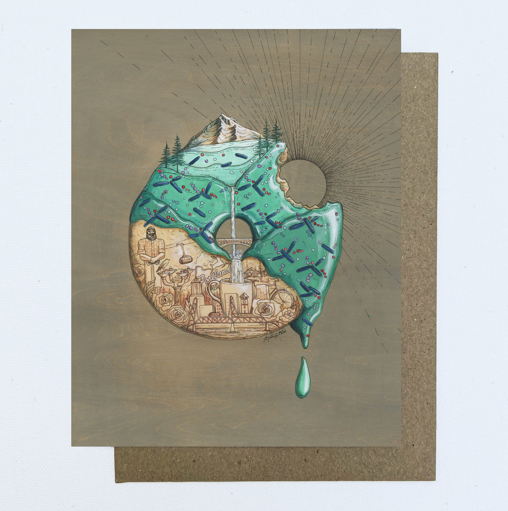 a final switchback greeting card featuring artist Katie Jeanne Reim's PDX Donut, Oregon, print