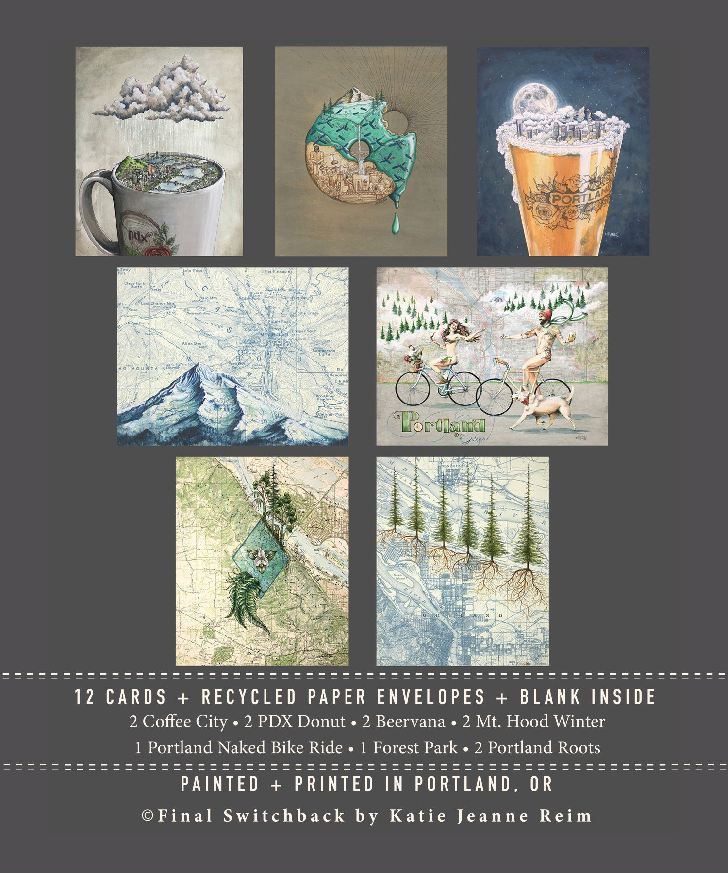 final switchback&#39;s 12-card box set with recycled paper envelopes featuring taste of Portland prints by Katie Jeanne Reim