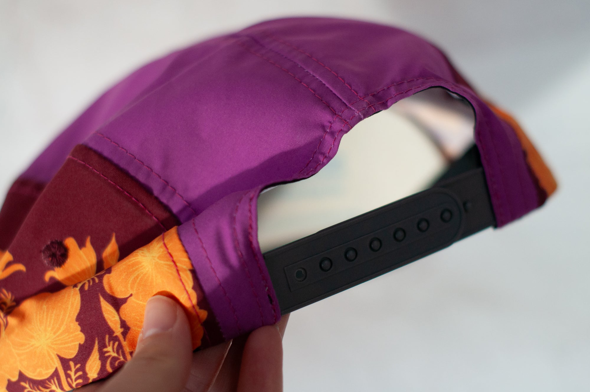 back view of the final switchback 5-panel trail hat featuring artist Katie Jeanne Reim&#39;s Poppy print