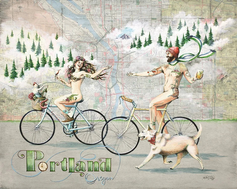 Final Switchback print of portland naked bike ride, Oregon, by artist Katie Jeanne Reim