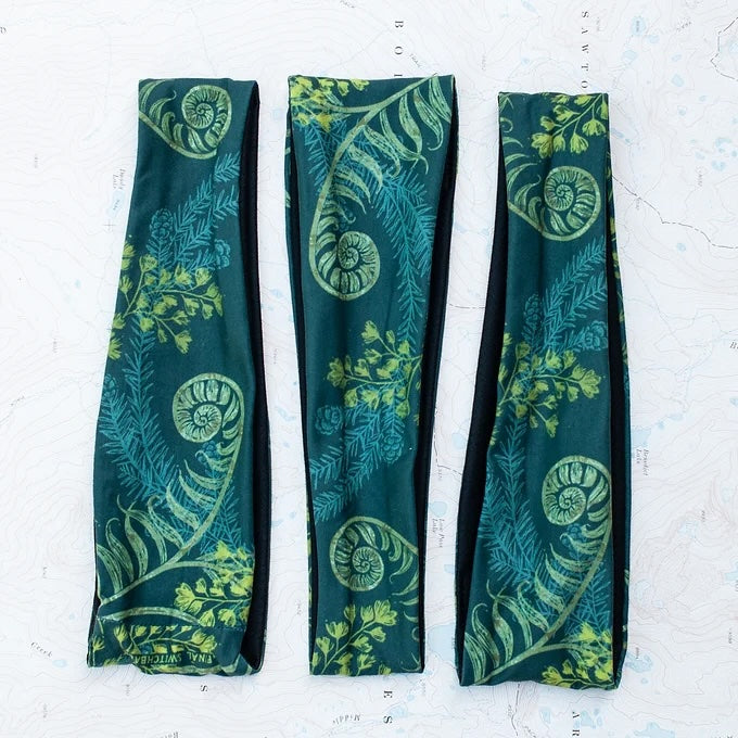 3 final switchback quick dry headbands featuring artist Katie Jeanne Reim's ferns print