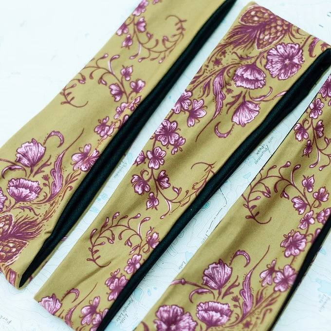 3 final switchback quick dry headbands featuring artist Katie Jeanne Reim's fireweed print