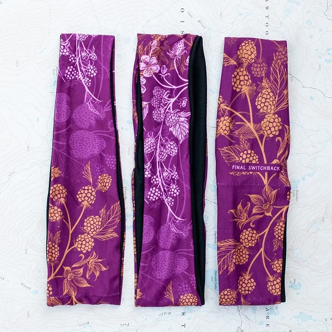 3 final switchback quick dry headbands featuring artist Katie Jeanne Reim's Wildberry print