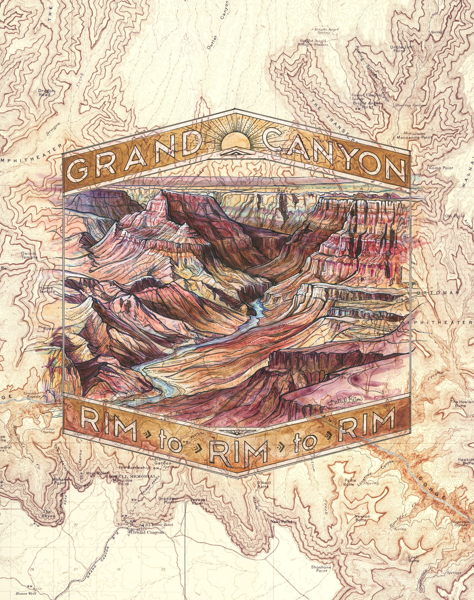 final switchback nature-inspired print of Grand Canyon Rim to Rim to Rim, California, by artist Katie Jeanne Reim