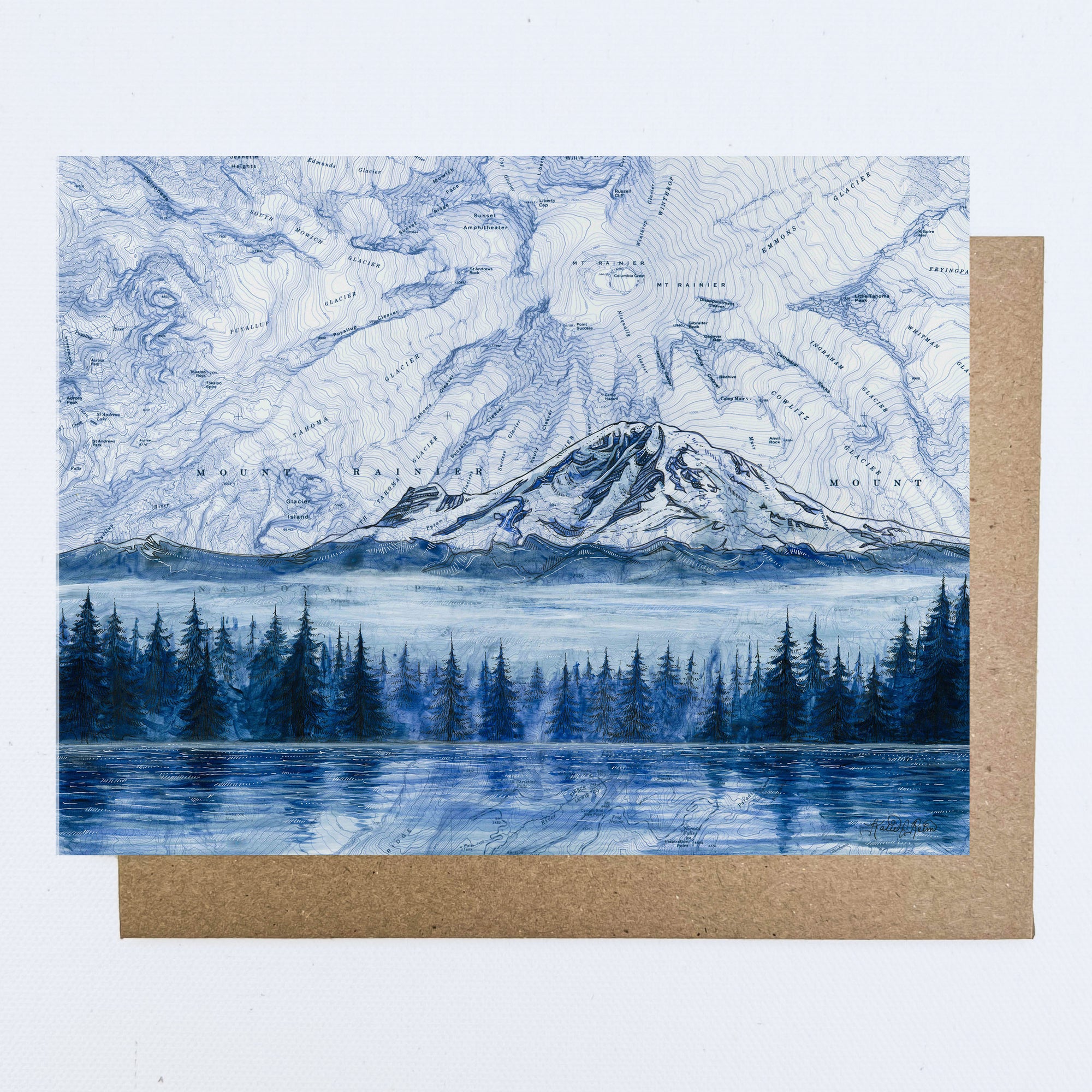 a final switchback greeting card featuring artist Katie Jeanne Reim's Mount Rainier Morning, Washington, print