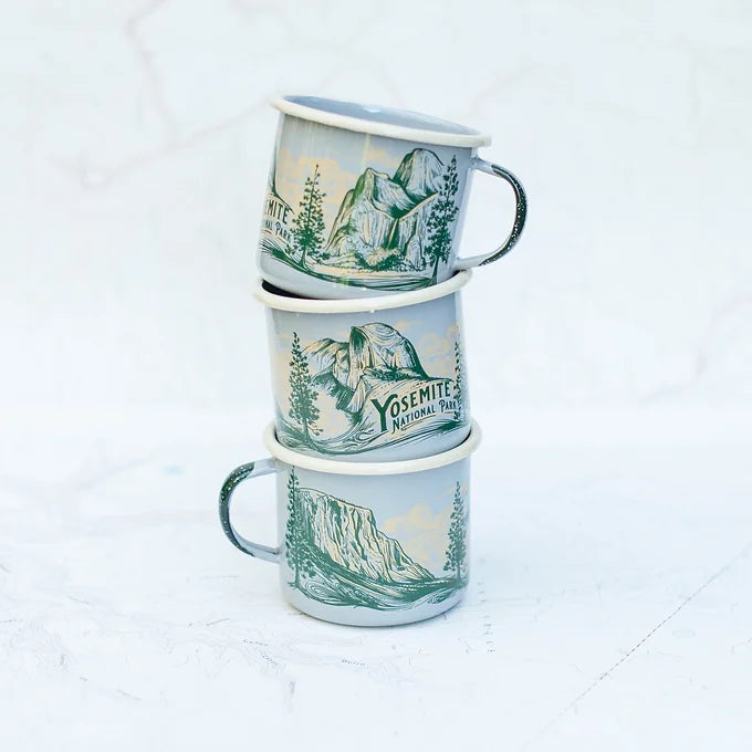 Three stacked final switchback fireproof enamel mugs featuring artist Katie Jeanne Reim's Yosemeite National Park print