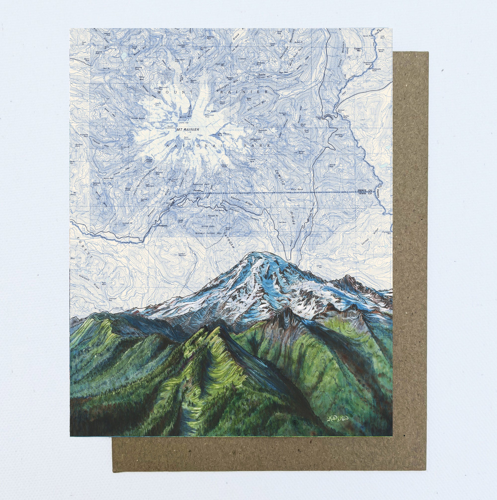 final switchback greeting card featuring Katie Jeanne Reim's Rainier Tatoosh, Washington, print