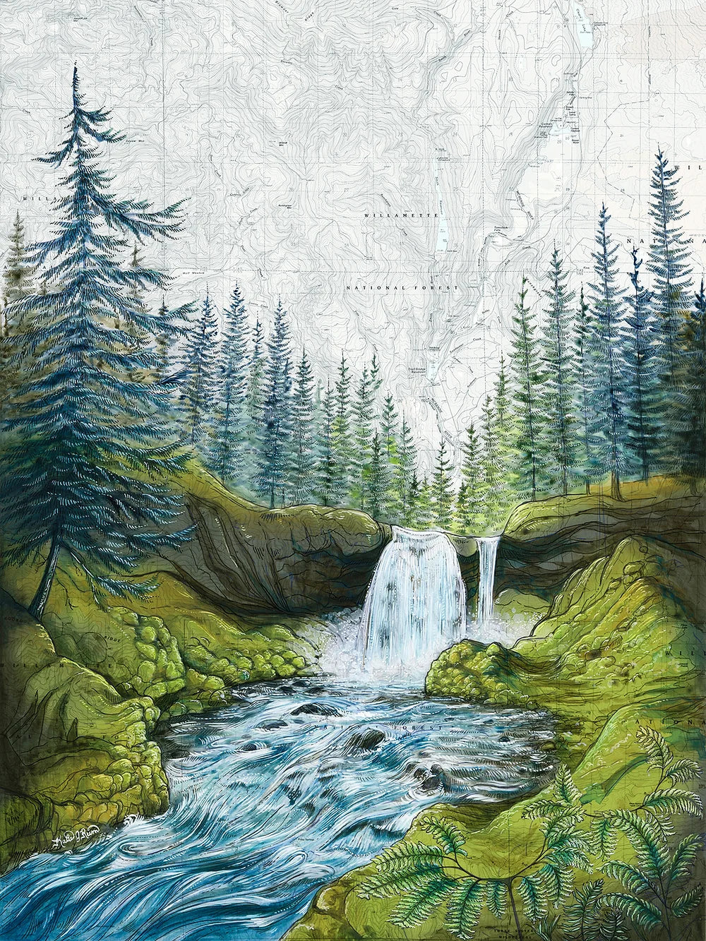 final switchback print of sahalie falls mckenzie river, Oregon, by artist Katie Jeanne Reim