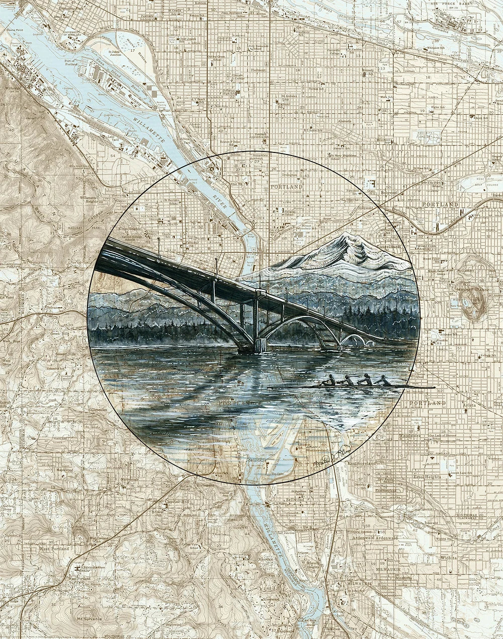 Final Switchback print of sellwood bridge, Oregon, by artist Katie Jeanne Reim