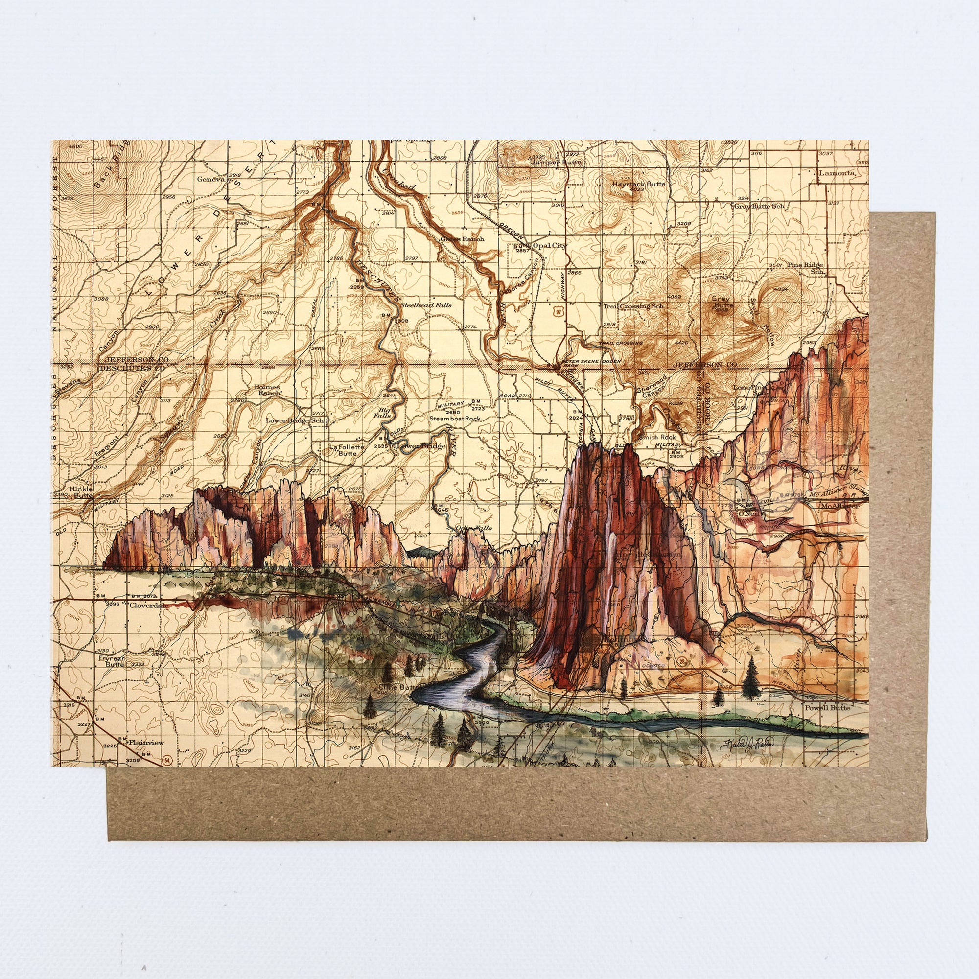 a final switchback greeting card featuring artist Katie Jeanne Reim's Smith Rock, Oregon, print
