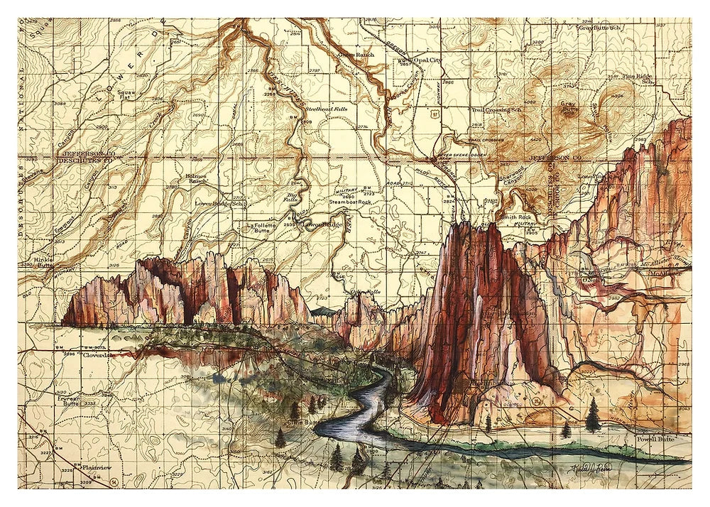 Final Switchback print of smith rock, Oregon, by artist Katie Jeanne Reim