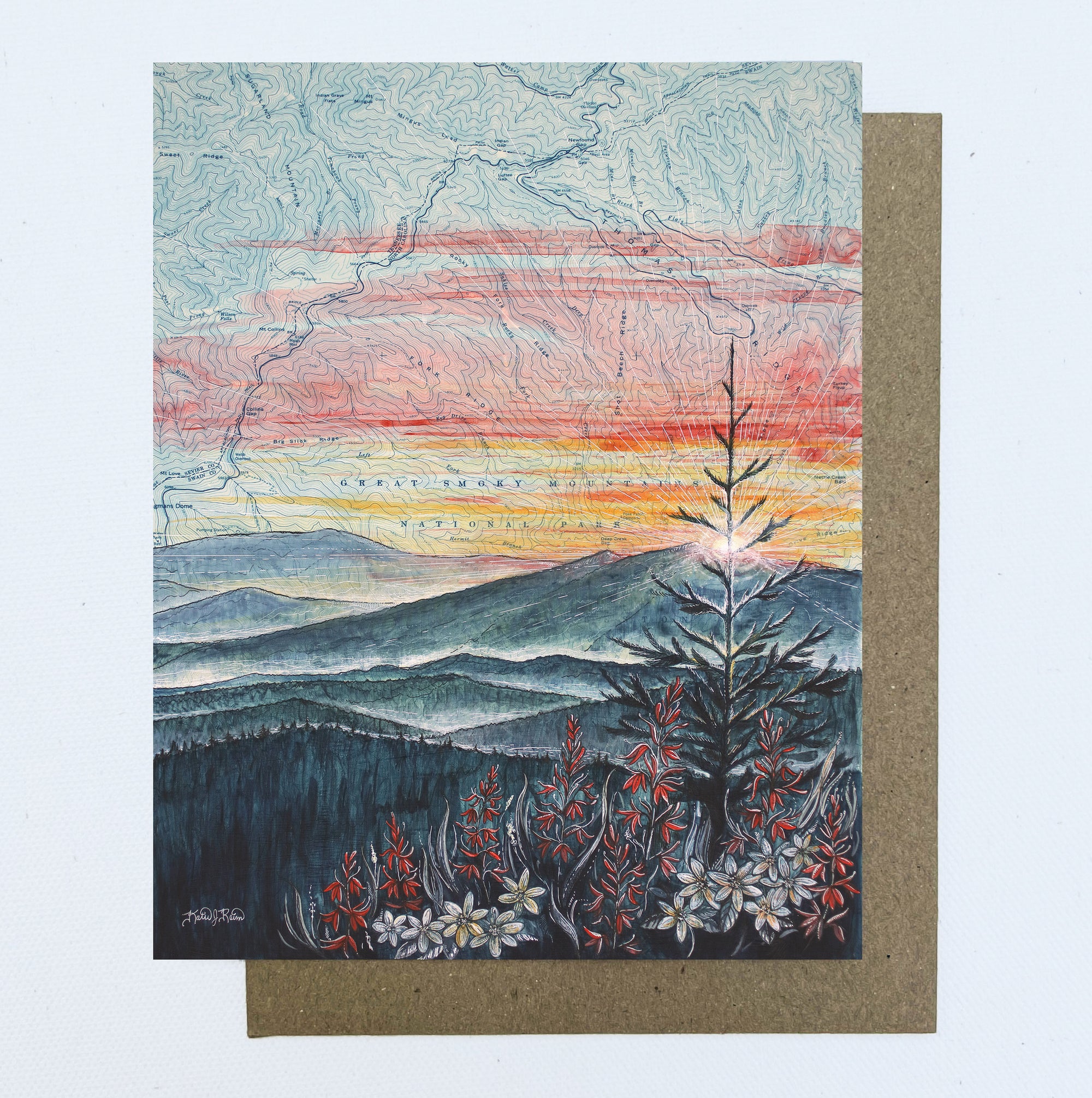 a final switchback greeting card featuring artist Katie Jeanne Reim's Smoky Mountain, Tennessee, print