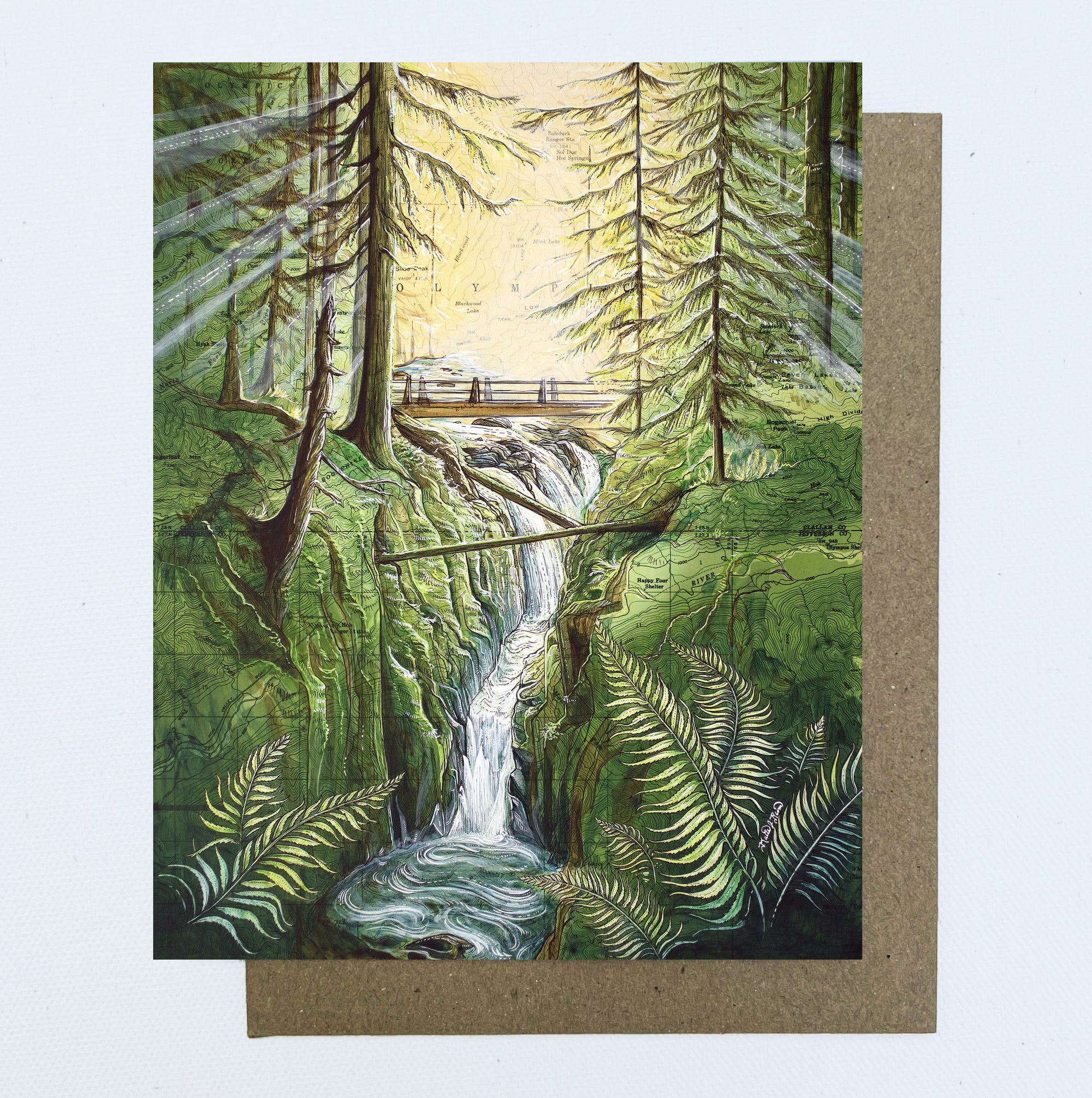 a final switchback greeting card featuring artist Katie Jeanne Reim's Sol Duc, Washington, print