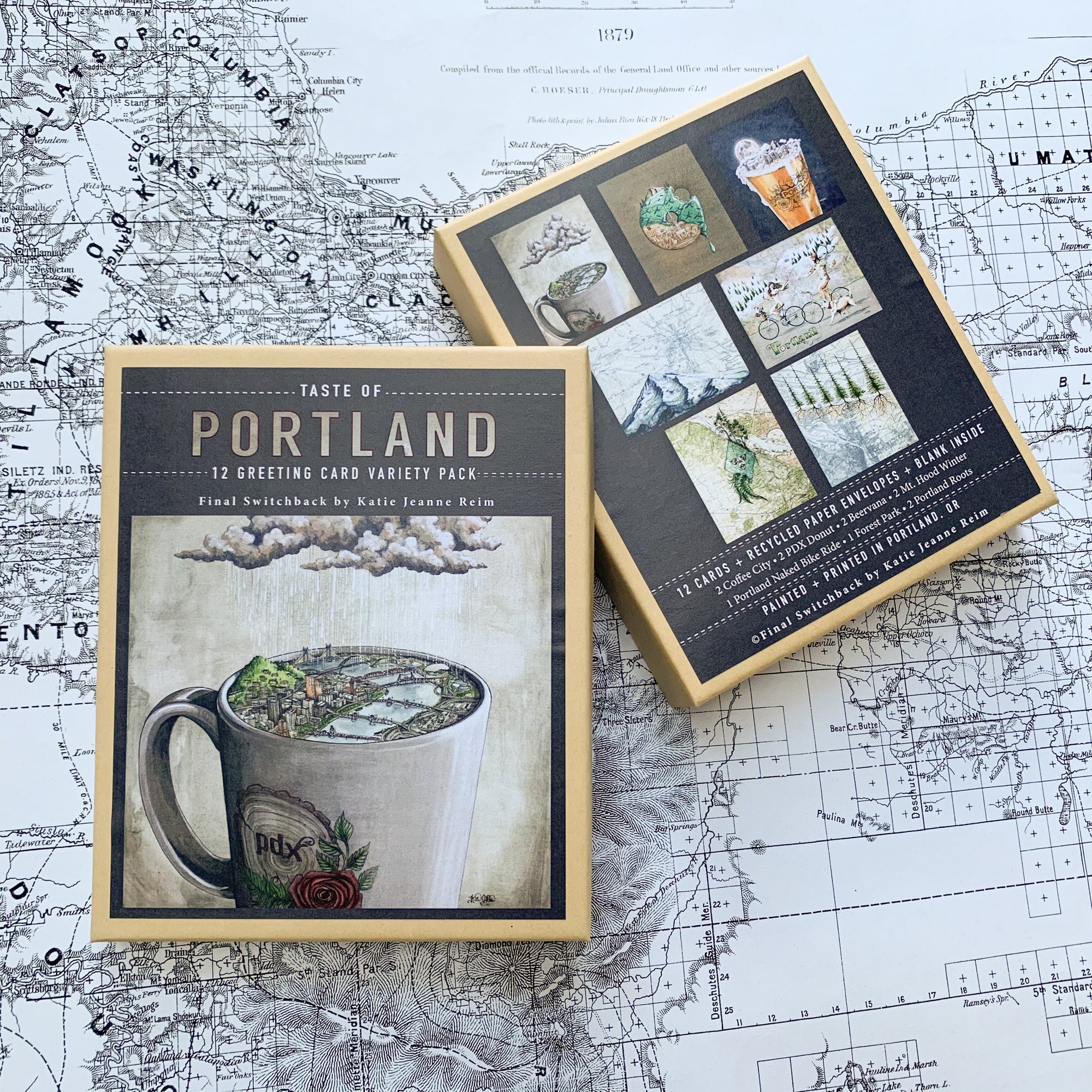 final switchback's 12-card box set featuring taste of portland prints by Katie Jeanne Reim