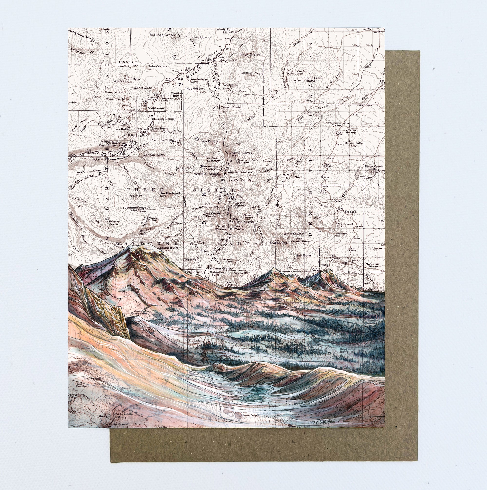 final switchback greeting card featuring Katie Jeanne Reim's three sisters alpenglow, Oregon, print