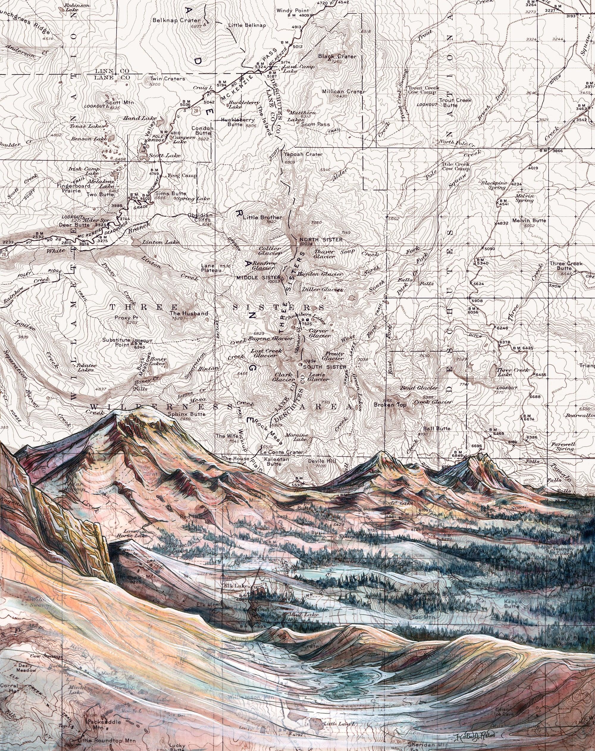 final switchback nature-inspired print of Three Sisters Aplenglow Oregon, by artist Katie Jeanne Reim