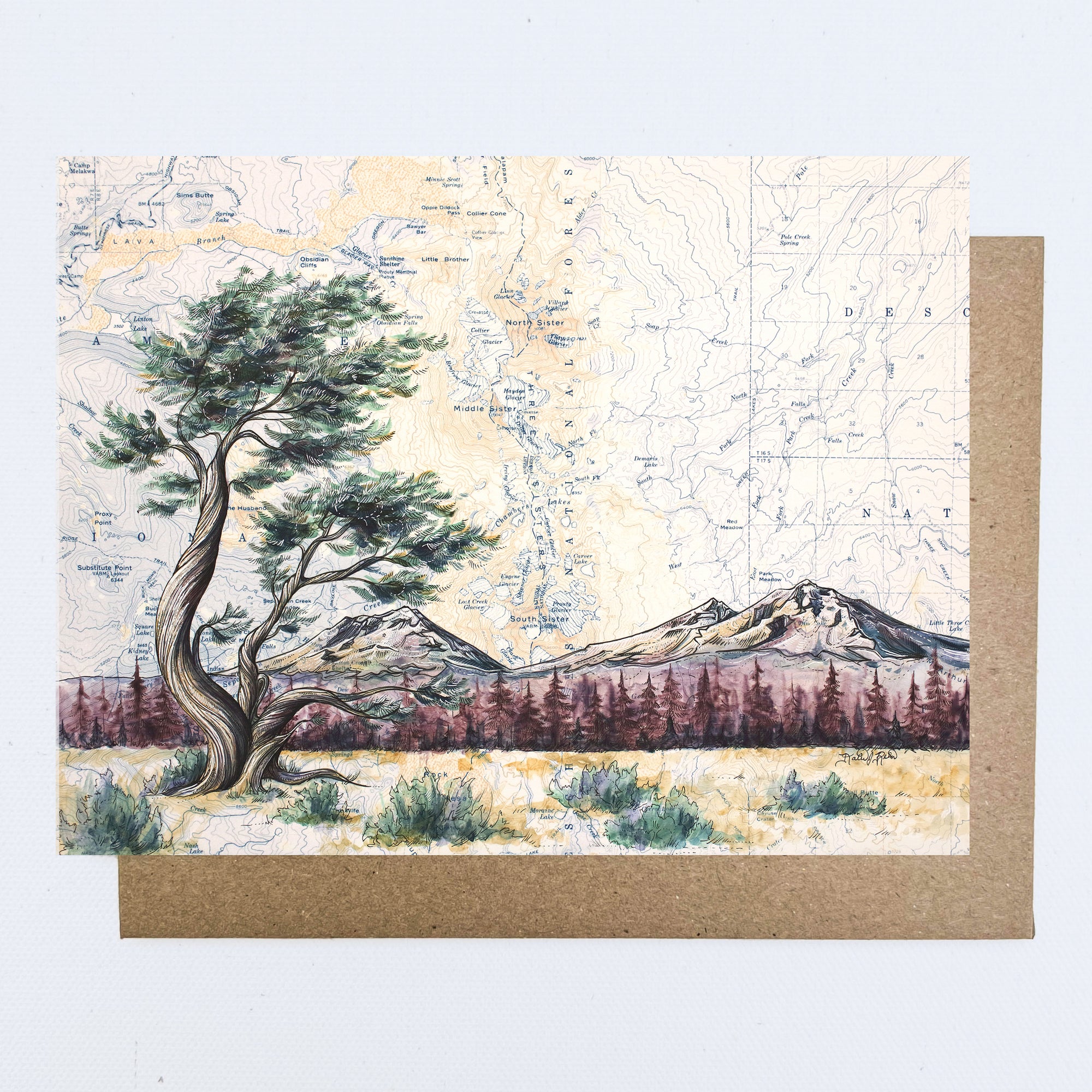 a final switchback greeting card featuring artist Katie Jeanne Reim's Three sisters dusk, Oregon, print
