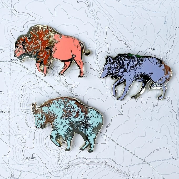 all three final switchback wild animal enamel pins created by artist Katie Jeanne Reim
