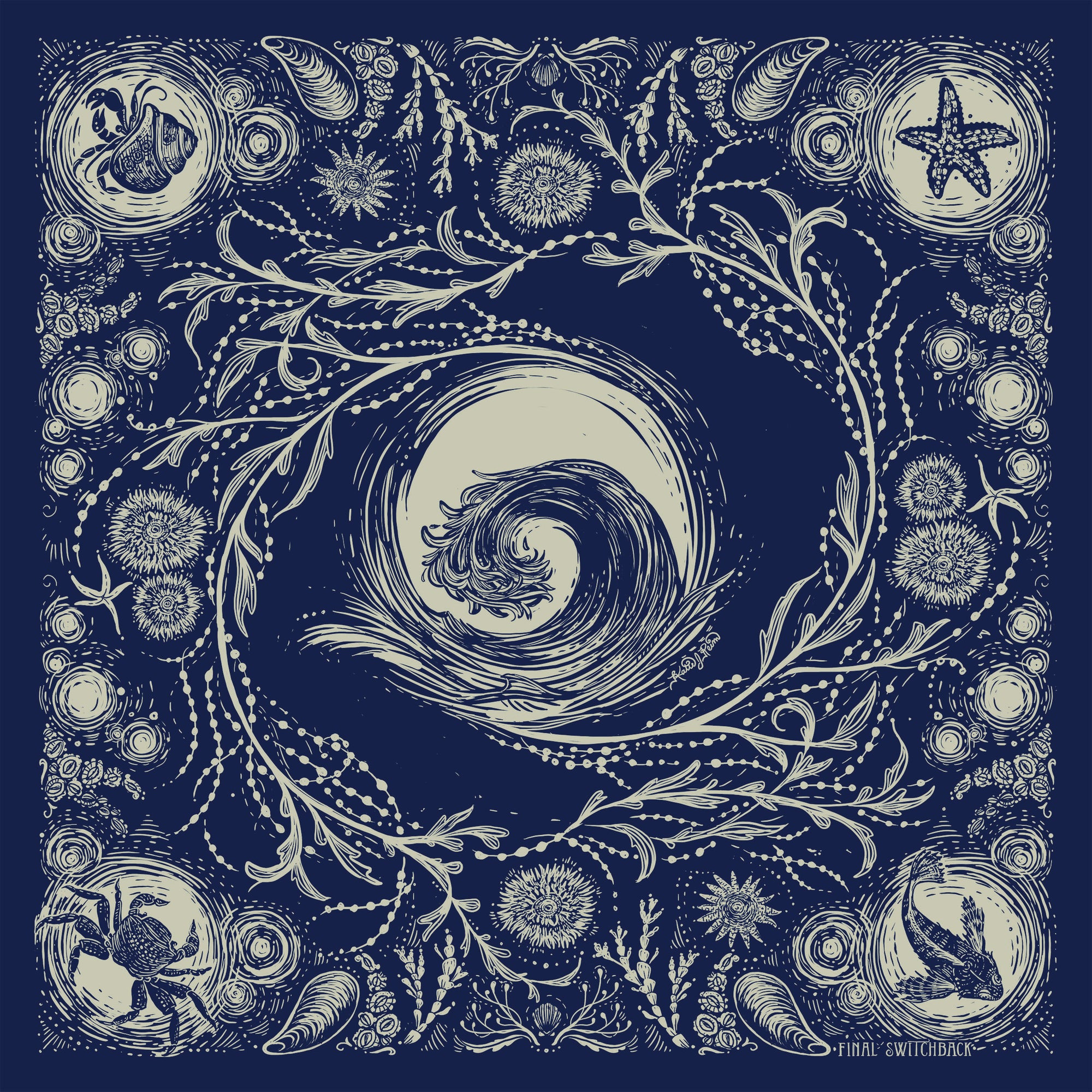 final switchback cotton bandana print in Tidepool deep by artist Katie Jeanne Reim