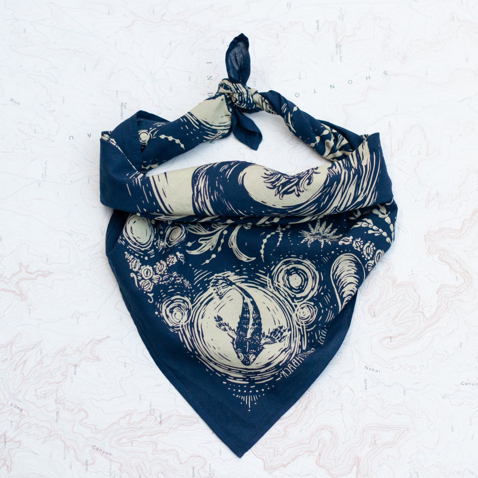 final switchback cotton bandana in tidepool deep featuring artist Katie Jeanne Reim's prints