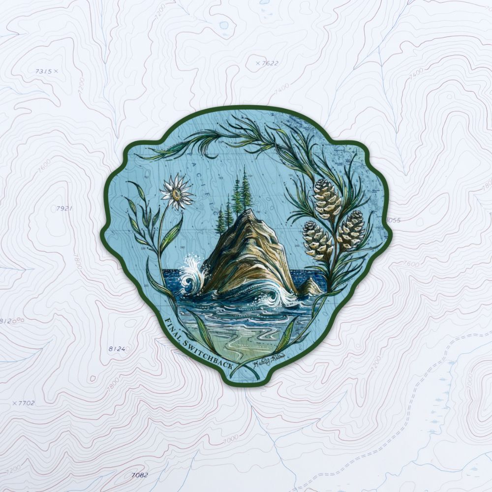 final switchback vinyl waterproof sticker featuring Katie Jeanne Reim's coastal pine print