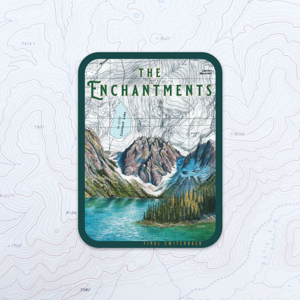 final switchback vinyl waterproof sticker featuring Katie Jeanne Reim's enchantments colchuck lake print